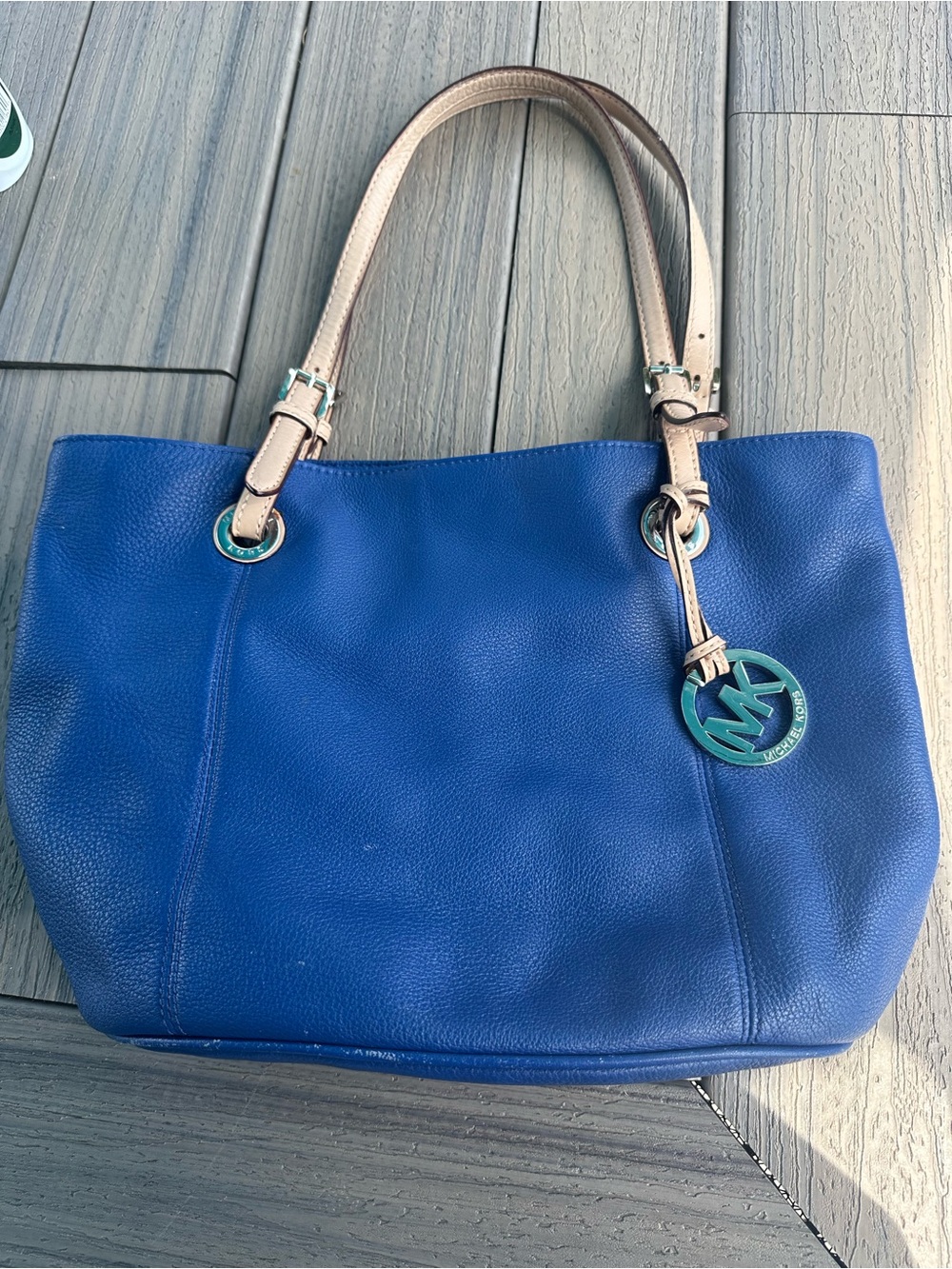 Michael Kors Royal Blue Leather Tote with Tan Handles